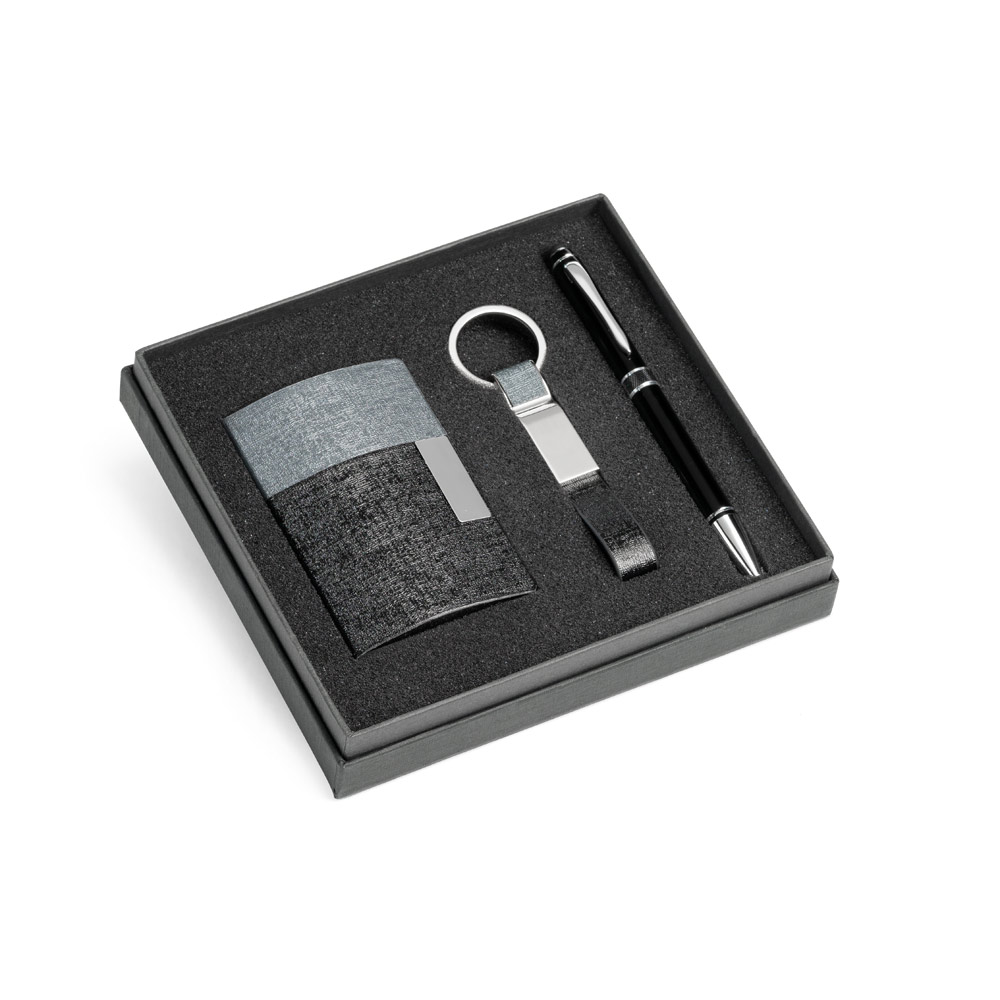 Kit com porta cartões, chaveiro e esferográfica