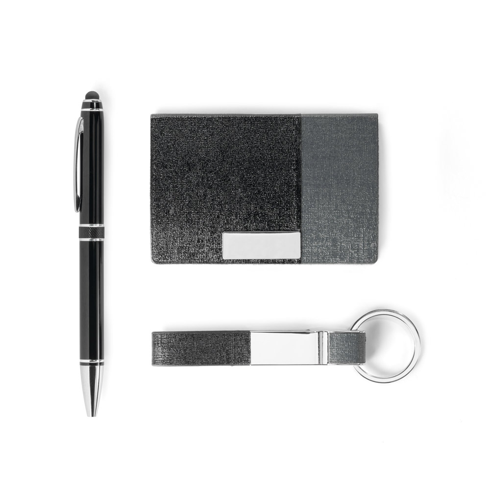 Kit com porta cartões, chaveiro e esferográfica
